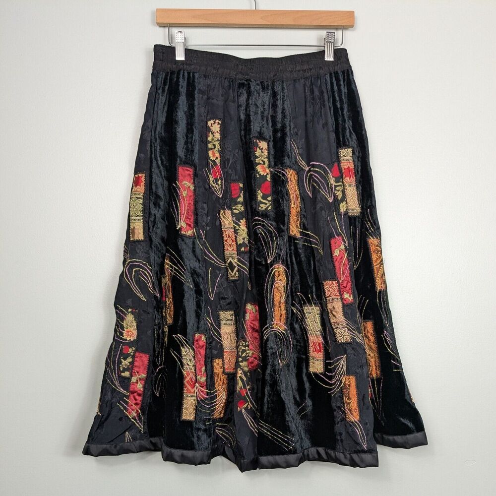 Vintage Velvet Patchwork Midi Skirt PS Red Black Floral Whimsigoth Goth Elastic